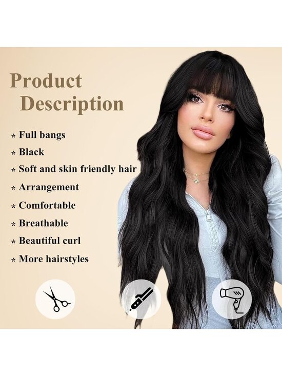 Women\'s Black Heat Resistant Long Curly Wavy Synthetic Wig with Bangs Size 26In main image 4